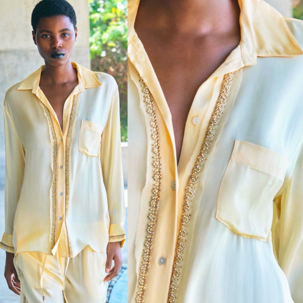 Zara EMBROIDERED SATIN EFFECT BLOUSE BUTTON DOWN SHIRT TOP YELLOW SIZE M NEW